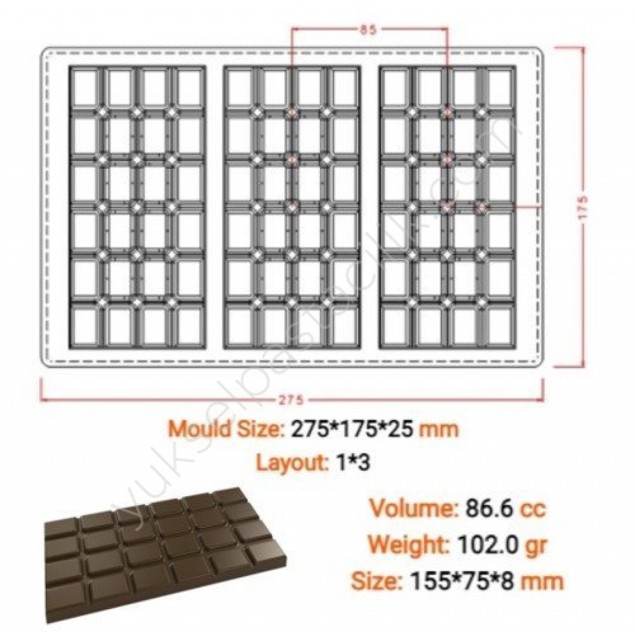Polikarbon Çikolata Kalıbı Büyük Tablet 3 lü