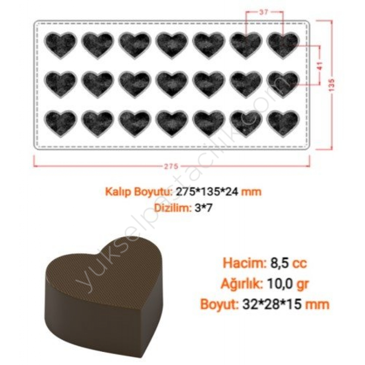 Polikarbon Çikolata Kalıbı Kalp 21 li
