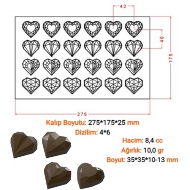 Polikarbon Çikolata Kalıbı Elmas Kalp 24 Lü